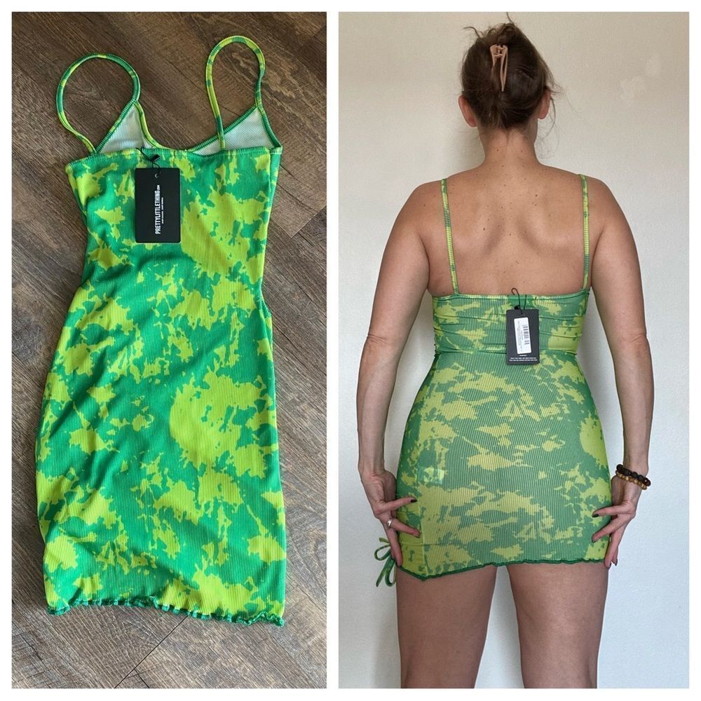 PrettyLittleThing Bodycon Dress Green Tie Dye NEW US 2 Club - Picture 7 of 12
